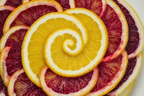 Citrus Fruit Arrangement with Spiral Patterns in Bright Colors