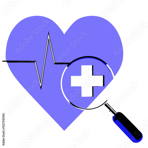 3d red heart with pulse line with magnifier and plus icon. heartbeat or cardiogram, pulse beat measure, cardiac assistance, medical first aid and health care. 3d aid vector icon render illustratio