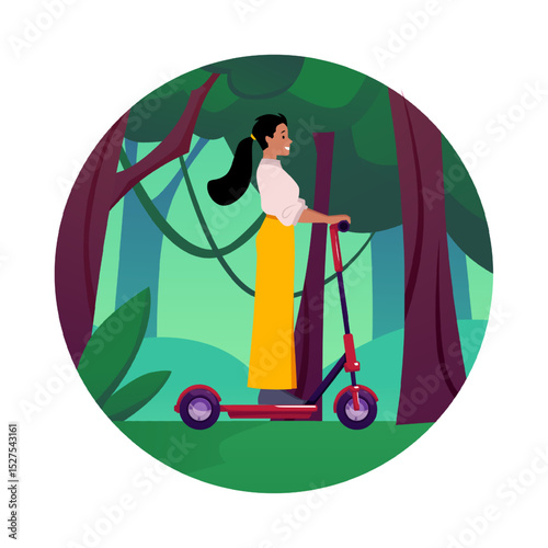 Woman riding scooter against forest background. Round isolated frame.