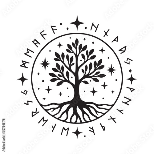 Cosmic Tree of Life with Runes – Mystical Vector Silhouette