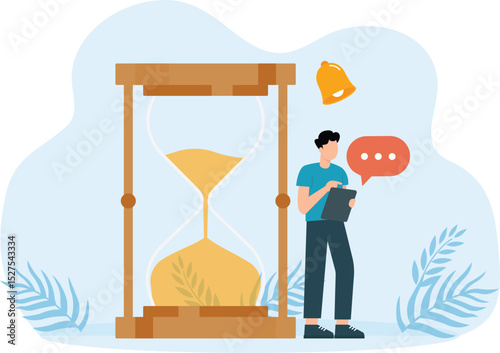Happy man standing beside big hourglass and using smartphone alone spending time on social. Social media addiction and Texting and chatting Bubble concept
