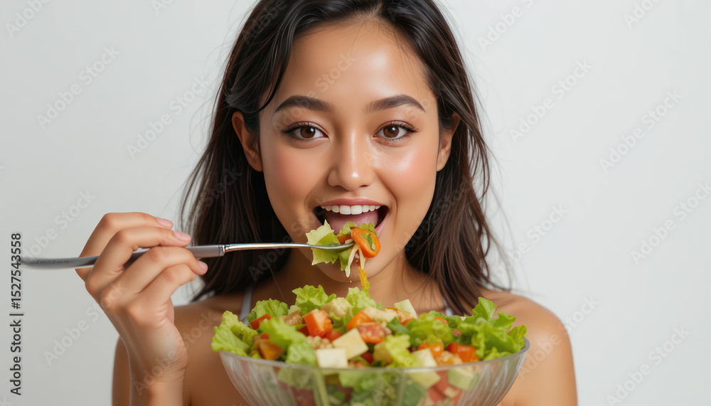 Young woman enjoying a fresh vegetable salad with a vibrant mix of greens, tomatoes, and cucumbers in a modern kitchen setting Young woman enjoying a fresh vegetable salad with a vibrant mix of greens, tomatoes, and cucumbers in a modern kitchen setting