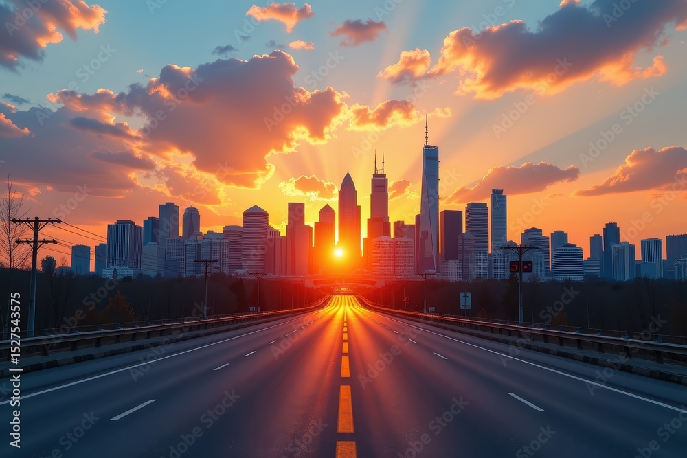 Fototapeta premium City skyline at sunset with a road leading towards the horizon.