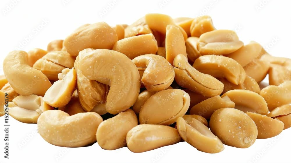 A pile of roasted peanuts on a white background. Nutritious and suitable for snacking, these nuts are often enjoyed as candy or in various dishes.