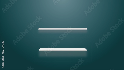 Two empty white shelves are displayed against a teal-colored wall.