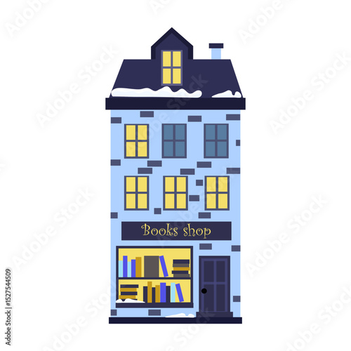 Charming bookshop storefront featuring colorful window displays in a quaint neighborhood setting during the winter season