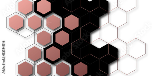Abstract Black and Rose Gold Vector Design. Modern Geometric Hexagon Pattern with 3D Effect. Futuristic Honeycomb Grid Layout Design. Minimalist Tech Background for Web and Print Use