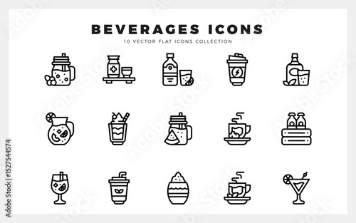 15 Beverages Lineal icons pack. vector illustration.