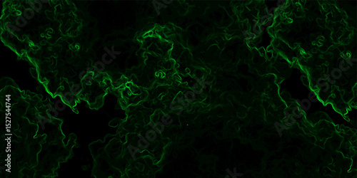 Abstract dark background composed of swirling, cloud-like textures in deep black and vibrant neon green. Electric plasma or smoke tendrils, forming glowing, intricate, organic shapes across the canvas