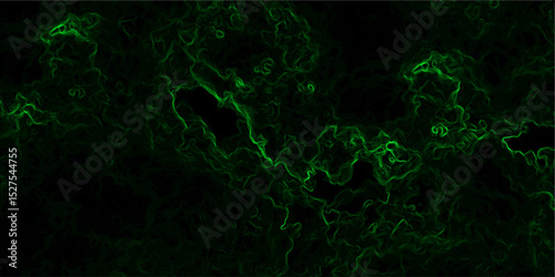 Abstract dark background composed of swirling, cloud-like textures in deep black and vibrant neon green. Electric plasma or smoke tendrils, forming glowing, intricate, organic shapes across the canvas