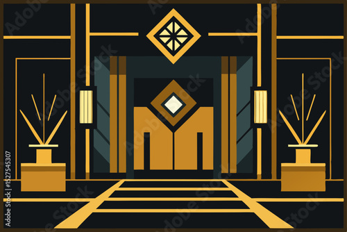 Art Deco Building Entrance Geometric Elegance and Golden Hues