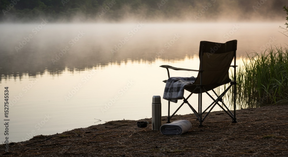 Fototapeta premium Relaxing chair by the tranquil lake at dawn with misty background 