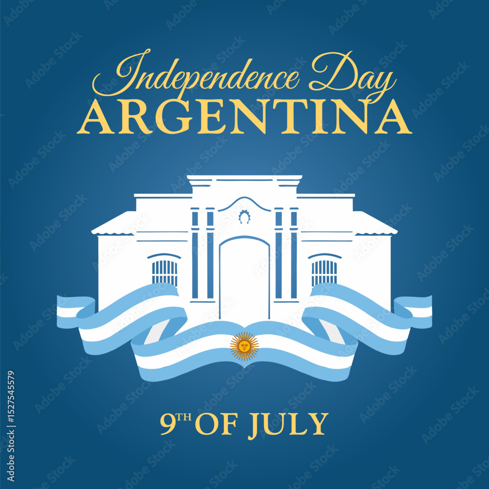 Independence Day Argentina. Vector illustration of Casa Histórica de Tucumán with national ribbon. Poster, banner, template design.