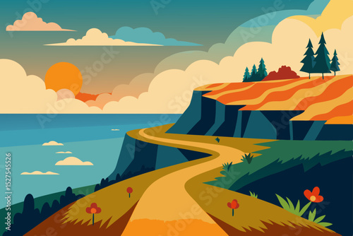 Serene Coastal Cliffside Path Sunset Vista Illustration