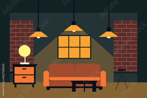 Cozy Apartment Interior Design Nighttime Living Room Ambiance with Brick Walls and Warm Lighting