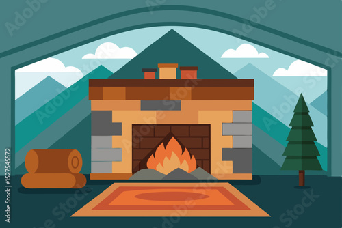 Cozy Mountain Cabin Fireplace A Rustic Winter Scene Illustration