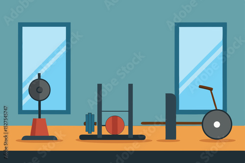Gym Interior Design Fitness Center Illustration with Weights, Bikes, and Mirrors