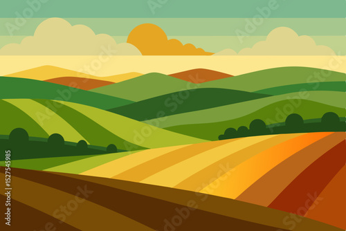 Serene Rolling Hills Landscape A Picturesque View of Cultivated Fields and Verdant Meadows