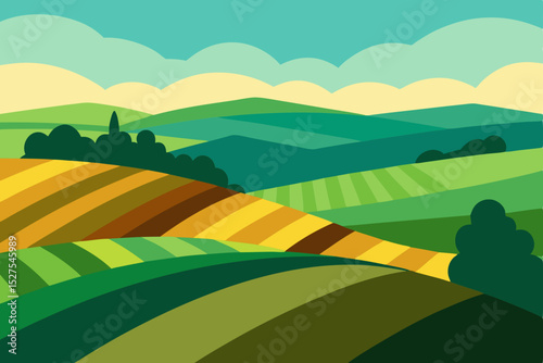 Vibrant Rolling Hills and Farmlands A Summer Landscape Illustration