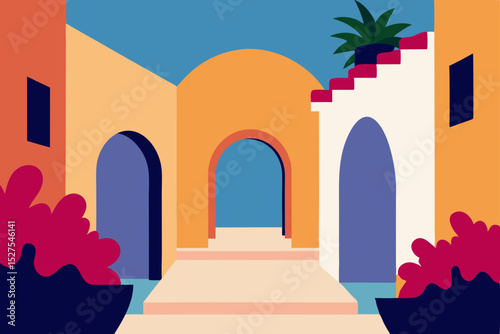 Vibrant Mediterranean Street Scene Architectural Illustration of Colorful Buildings and Arched Passages