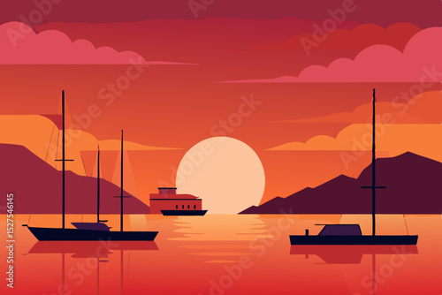 Serene Sunset Seascape Yachts at Dusk, Calm Waters, Orange Hues