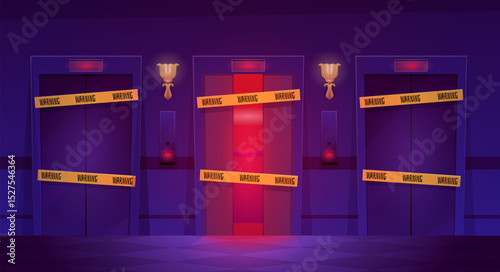 Three elevators with different door opening positions sealed with yellow warning tape, vector flat dark lobby interior