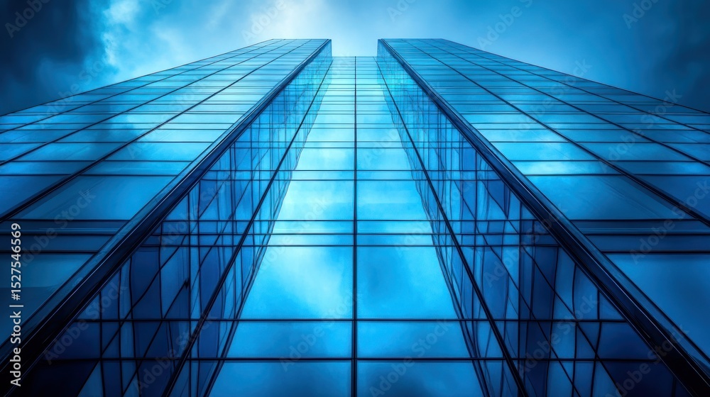 Obraz premium Modern skyscrapers reflecting a dramatic sky