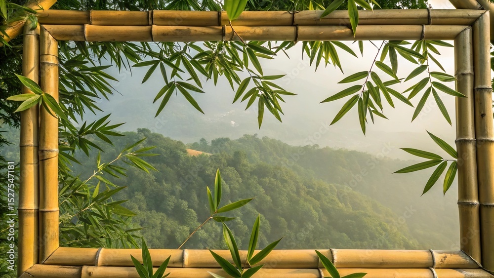 Obraz premium Bamboo frame with green leaves overlooking misty forest mountain landscape. Eco natural window view concept with tropical vibe, perfect for nature, travel, and environment themes.