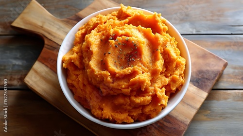 Bowl of Mashed Sweet Potatoes with Herbs on Wooden Board