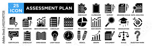 Assessment plan icon collection set. Checklist, Clipboard, Survey, Grading Scale, Data Analysis