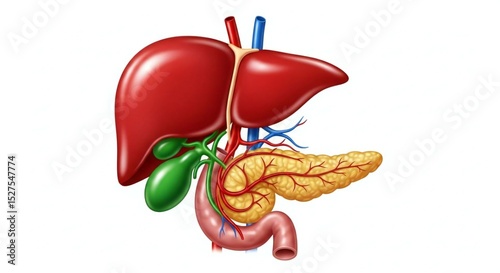 Detailed Illustration of Human Liver, Pancreas, and Gallbladder