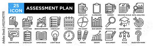 Assessment plan icon collection set. Checklist, Clipboard, Survey, Grading Scale, Data Analysis