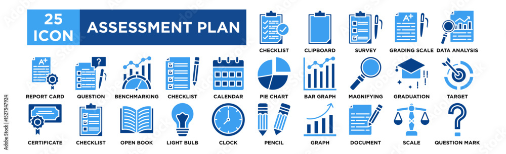Obraz premium Assessment plan icon collection set. Checklist, Clipboard, Survey, Grading Scale, Data Analysis