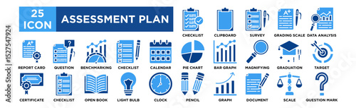 Assessment plan icon collection set. Checklist, Clipboard, Survey, Grading Scale, Data Analysis