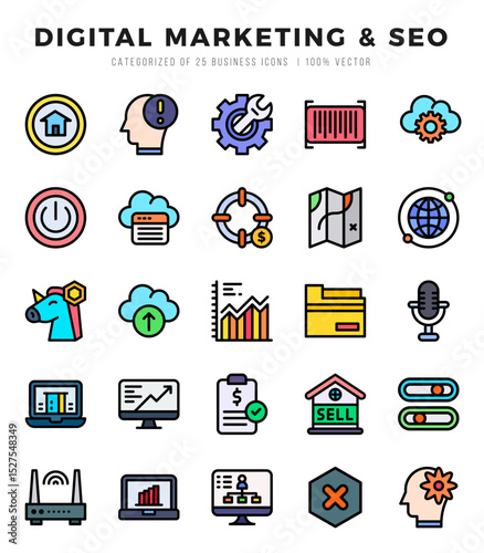 Digital Marketing & SEO. Lineal Color icons Pack. vector illustration.