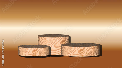 Three Wooden Cylindrical Display Platforms on a Warm Gradient Background