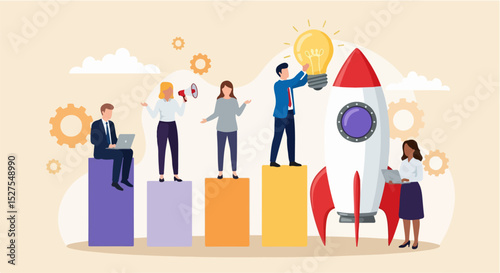Startup Team Launching Rocket with Bar Graph and Lightbulb – Vector Illustration of Innovation and Growth