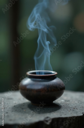 incense smoke rising from ceramic burner on stone surface, zen stillness