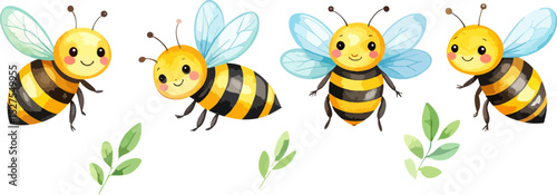 Vector illustration of happy bee flying around yellow flower.
