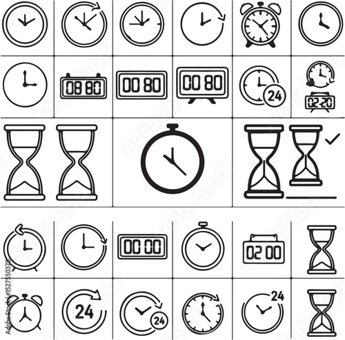 This vintage vector illustration features a set of bar and restaurant icons, including various clocks, drink glasses, and an hourglass symbol for food and cocktail design