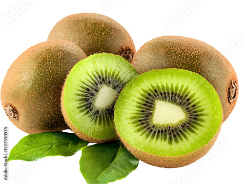 Studio shot showcasing whole and sliced kiwis with vibrant green interiors on black background