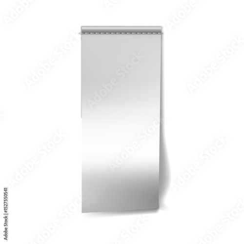 Vertical textile label with seam stitches along the top edge. Realistic blank white tag mockup.