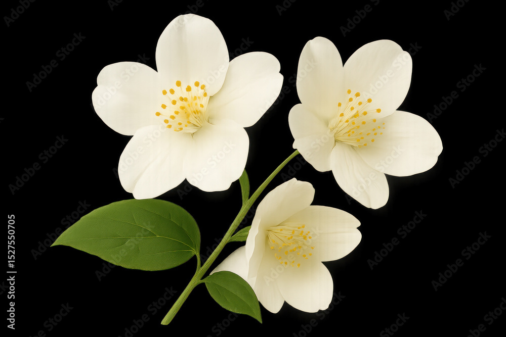 Obraz premium white flowers with green leaves against a black backdrop.