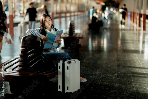 An Asian woman is studying her travel plans while waiting for her train to depart the station, preparing for her journey to a new destination.