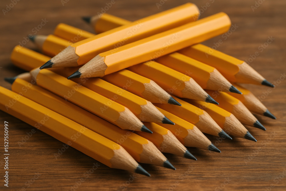 Fototapeta premium Bunch of pencils on wooden table, casting shadow under soft light.