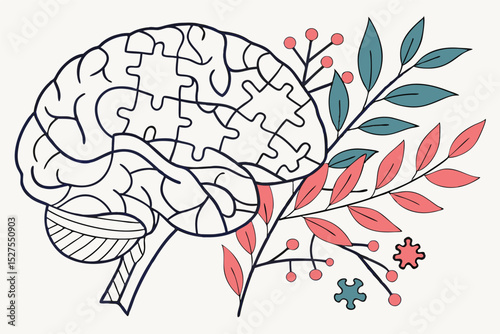 Brain outline with puzzle pieces and floral elements in a stylized illustration format design