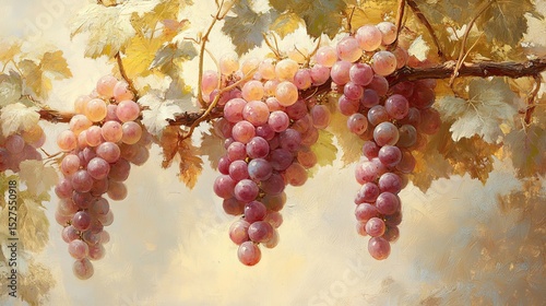 Pink grapes hanging on a vine with soft sunlight, representing natureÃ?Â¢Ã,â,¬Ã,â,,¢s bounty in a peaceful setting.