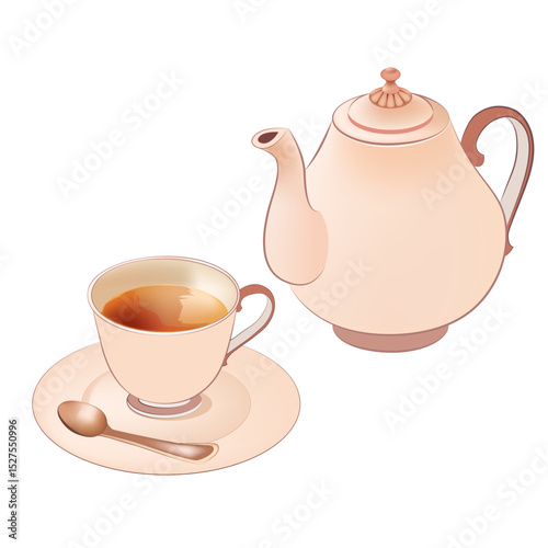 Elegant Tea Set with Teapot and Cup on Saucer Vector Illustration
