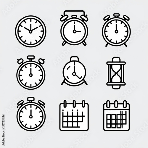 Collection of time related icons featuring clocks alarm clocks hourglass and calendars in black outline style created with generated ai