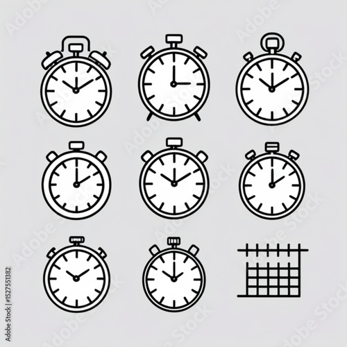 Collection of outline style clocks and calendar icon displayed in a grid pattern on gray background created with generated ai